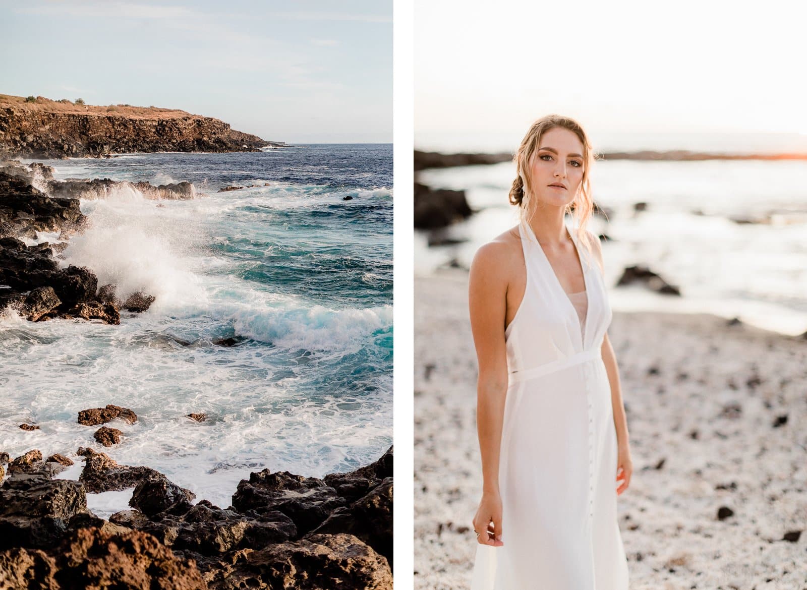 Photographie de Mathieu Dété, photographe de mariage, de mode et de couple à Saint-Pierre sur l'île de la Réunion 974, présentant une modèle et le bord de mer de la Pointe au Sel lors d'un coucher de soleil pendant un shooting de robes de mariées