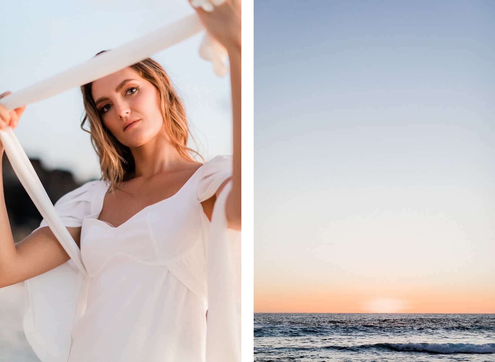 Photographie de Mathieu Dété, photographe de mariage, de mode et de couple à Saint-Pierre sur l'île de la Réunion 974, présentant une modèle lors d'un coucher de soleil pendant un shooting de robes de mariée