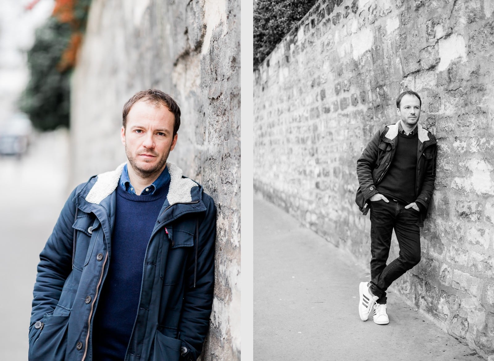 Photographie de Mathieu Dété, photographe de mariage et portrait sur l'île de la Réunion (974), présentant un portrait du chanteur Benoît Dorémus contre un mur de pierres