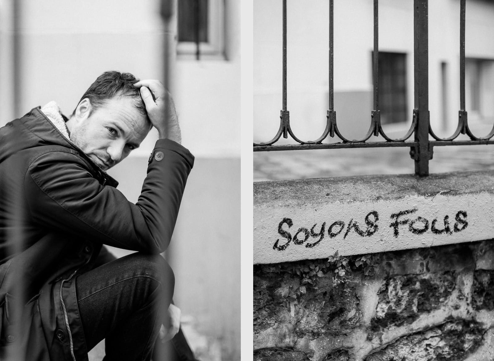 Photographie de Mathieu Dété, photographe de mariage et portrait sur l'île de la Réunion (974), présentant un portrait du chanteur Benoît Dorémus assis sur un escalier