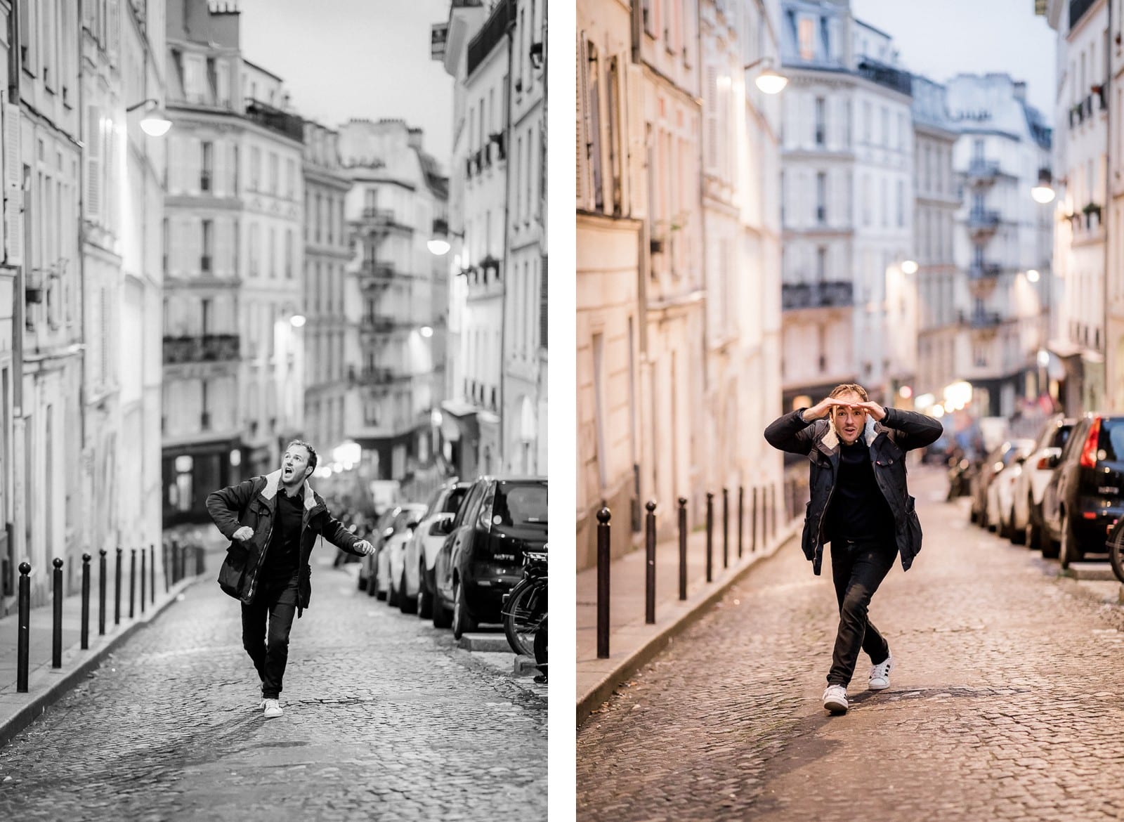 Photographie de Mathieu Dété, photographe de mariage et portrait sur l'île de la Réunion (974), présentant un portrait du chanteur Benoît Dorémus qui rigole et marche dans une ruelle de Paris