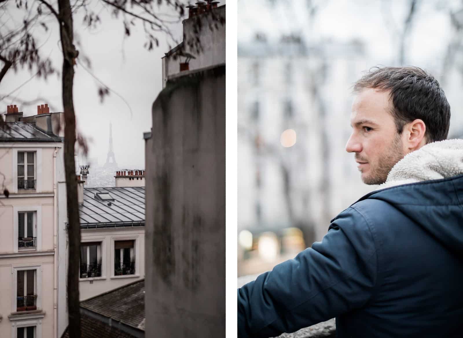 Photographie de Mathieu Dété, photographe de mariage et portrait sur l'île de la Réunion (974), présentant un portrait du chanteur Benoît Dorémus à Montmartre