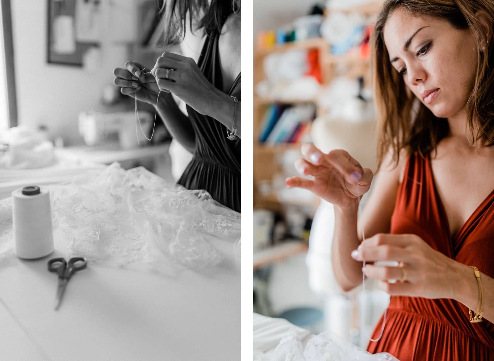 Photographie de Mathieu Dété, photographe de mariage et de couple à Saint-Pierre sur l'île de la Réunion 974, présentant le travail d'Eugénie, de Maison Mananne, lors de la couture d'une robe