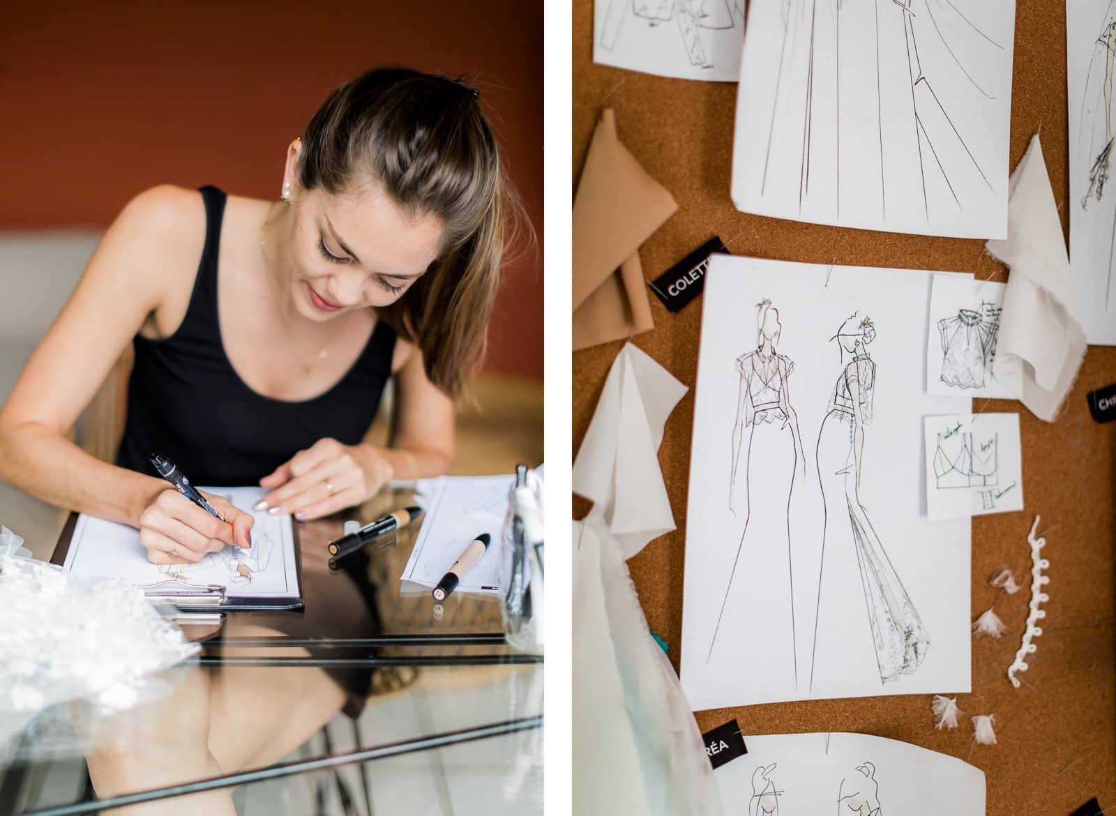 Photographie de Mathieu Dété, photographe de mariage et de famille à Saint-Gilles sur l'île de la Réunion 974, présentant les dessins de robes de mariée d'Eugénie, créatrice de l'atelier Maison Mananne