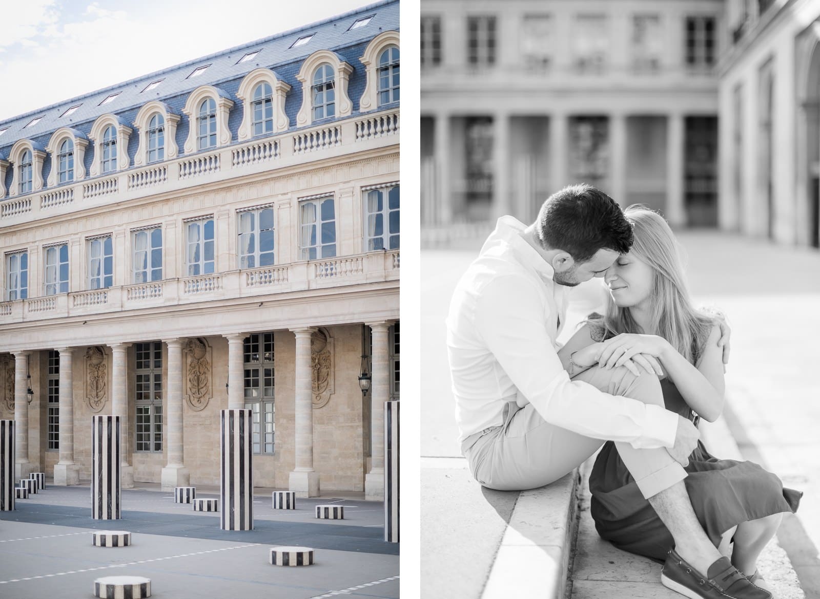 Photo de Mathieu Dété, couple assis près des colonnes de Buren