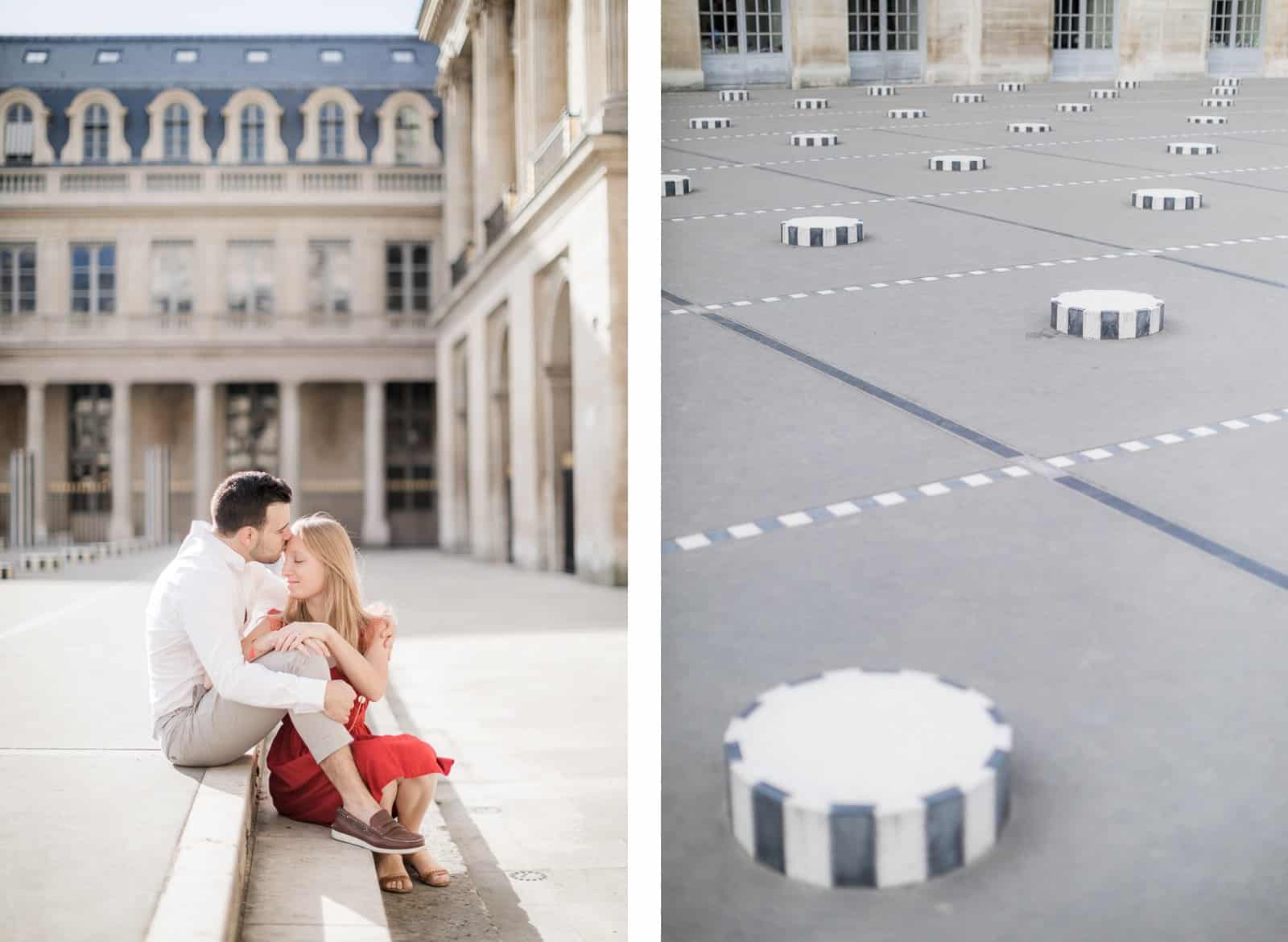 Photo de Mathieu Dété, couple assis près des colonnes de Buren