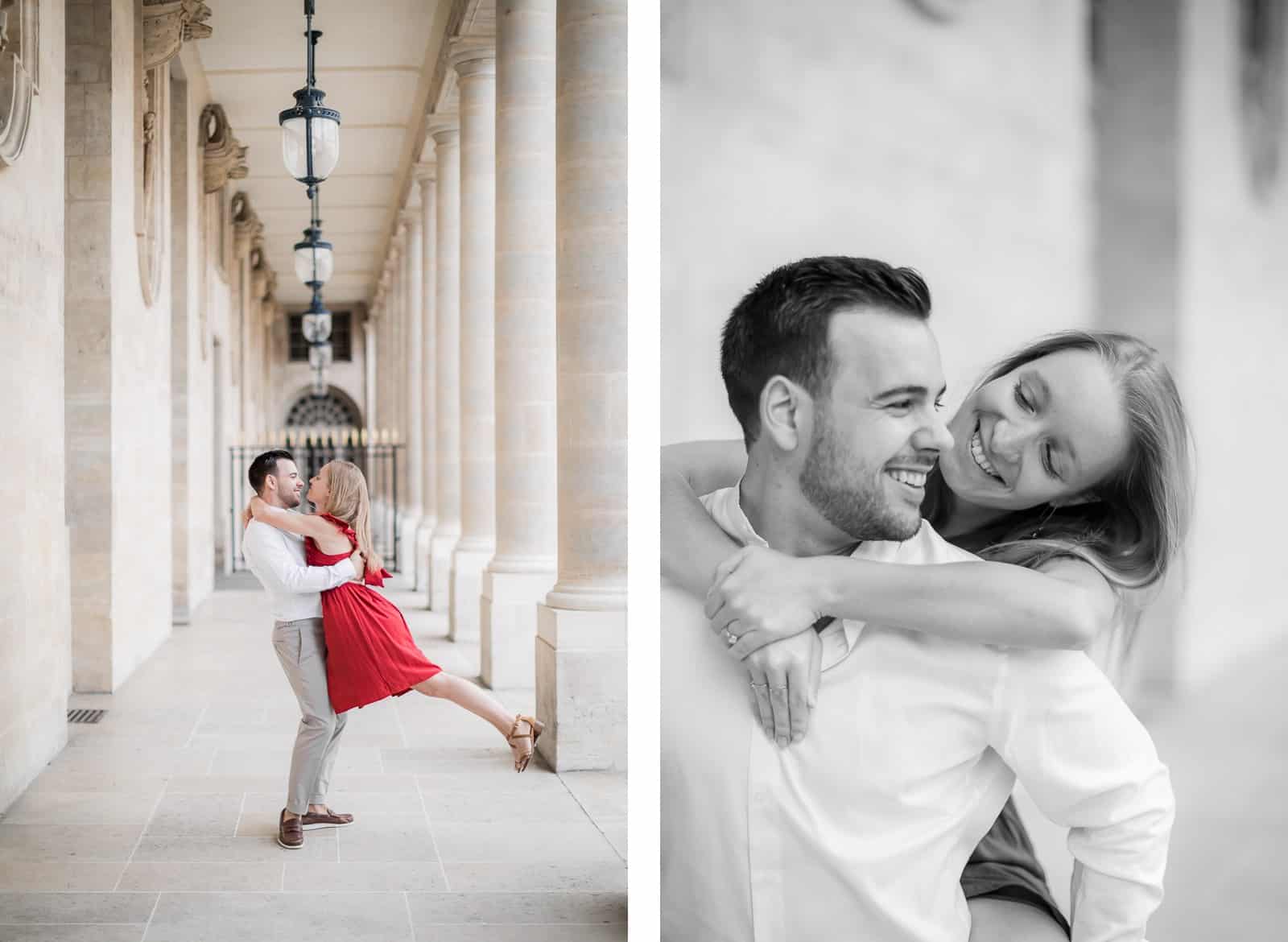 Photo de Mathieu Dété, couple enlacé dans les allées du Palais Royal de Paris