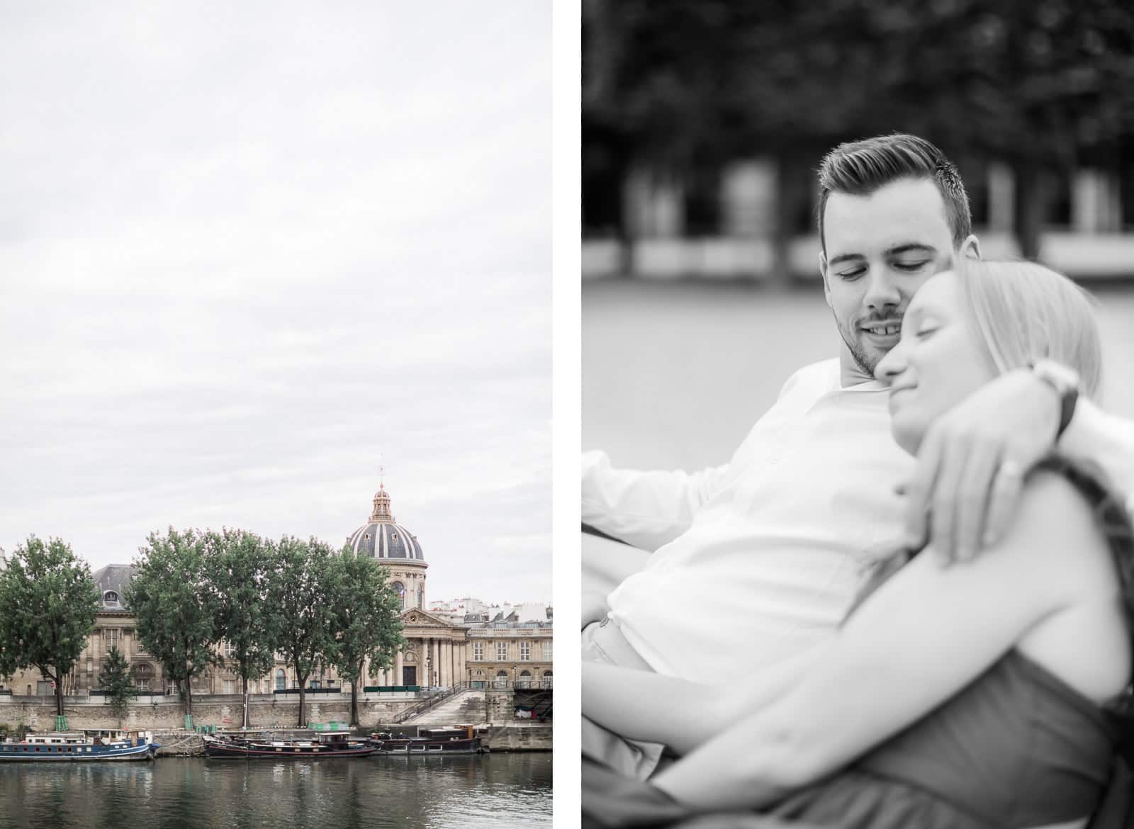 Photo de Mathieu Dété, couple enlacé sur un banc dans Paris