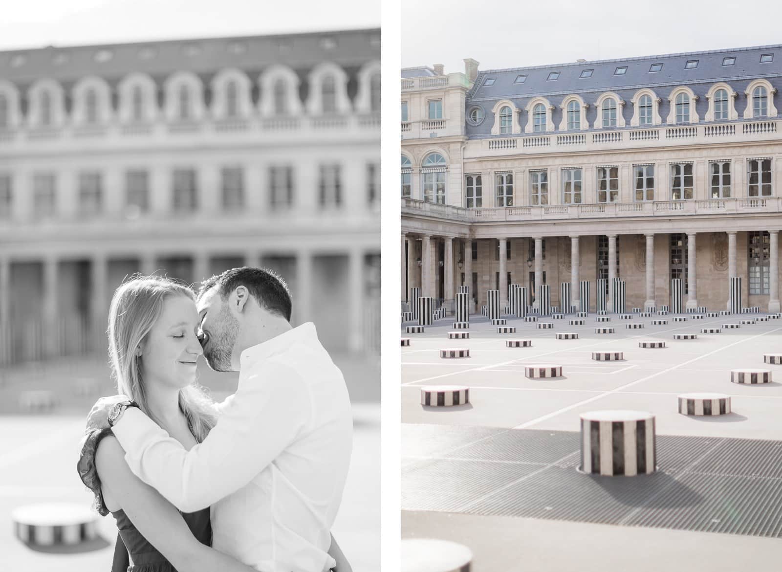 Photo de Mathieu Dété, couple enlacé près des colonnes de Buren