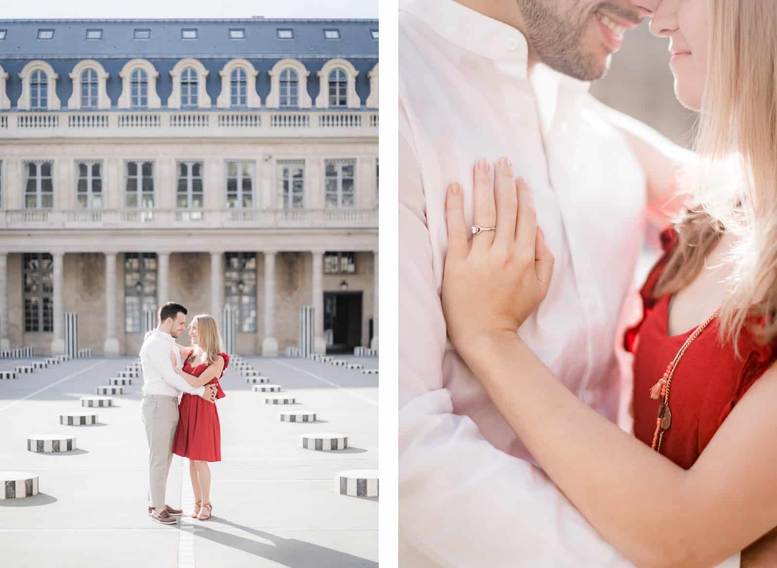 Photo de Mathieu Dété, couple enlacé près des colonnes de Buren