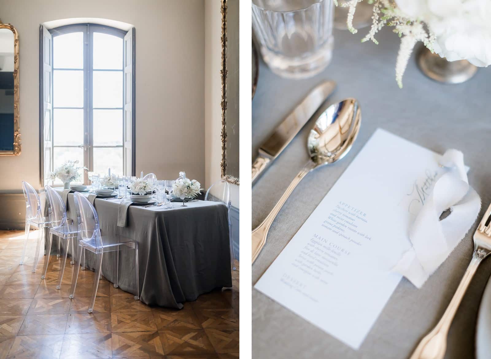 Photographie de Mathieu Dété, photographe de mariage et famille à Saint-Paul de la Réunion (974), présentant le détail de la table de mariage à l'intérieur de la villa Brignac