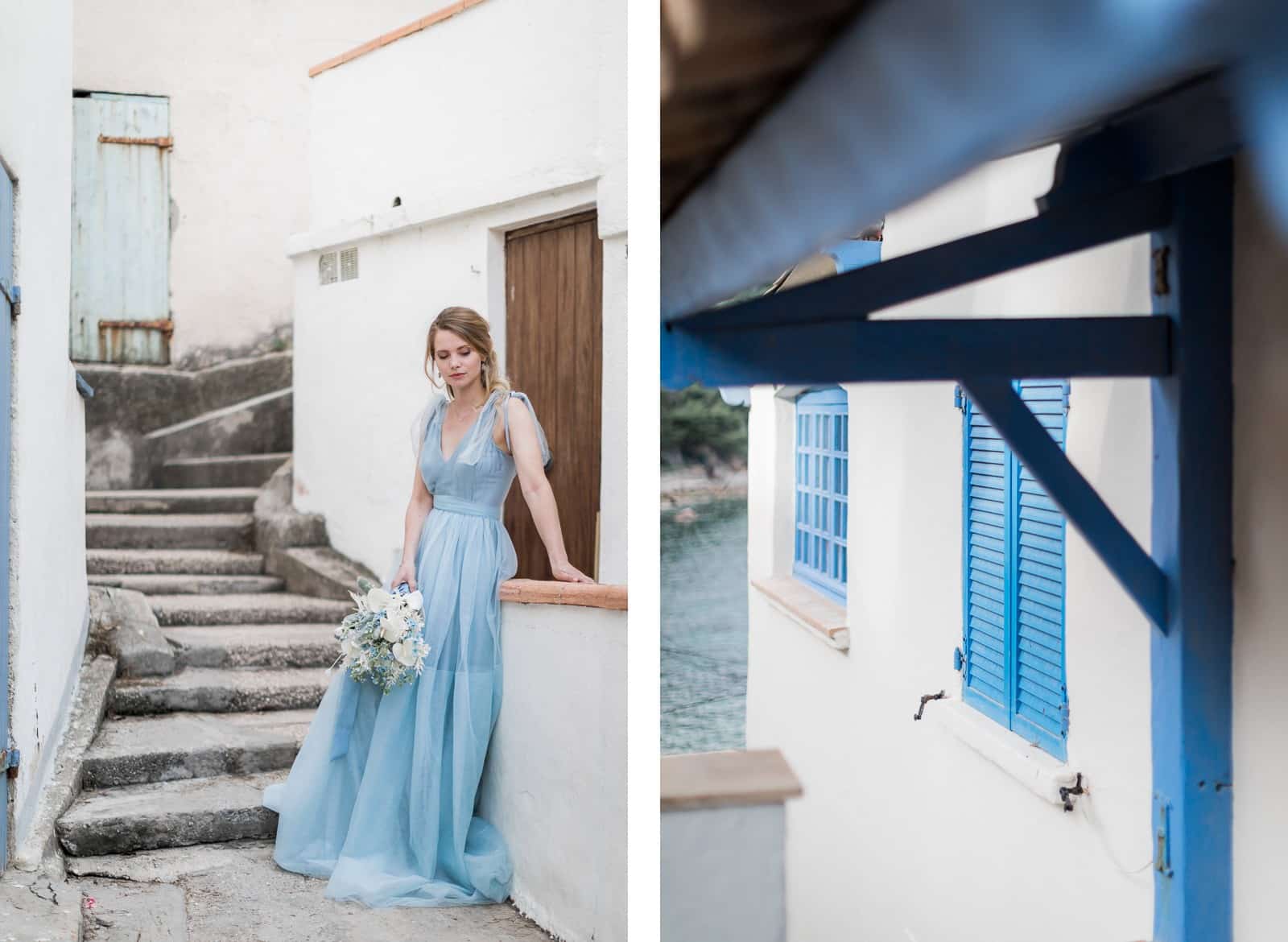 Photographie de Mathieu Dété, photographe de mariage sur l'île de la Réunion (974), présentant une mariée dans un petit village et une maison avec les volets bleu