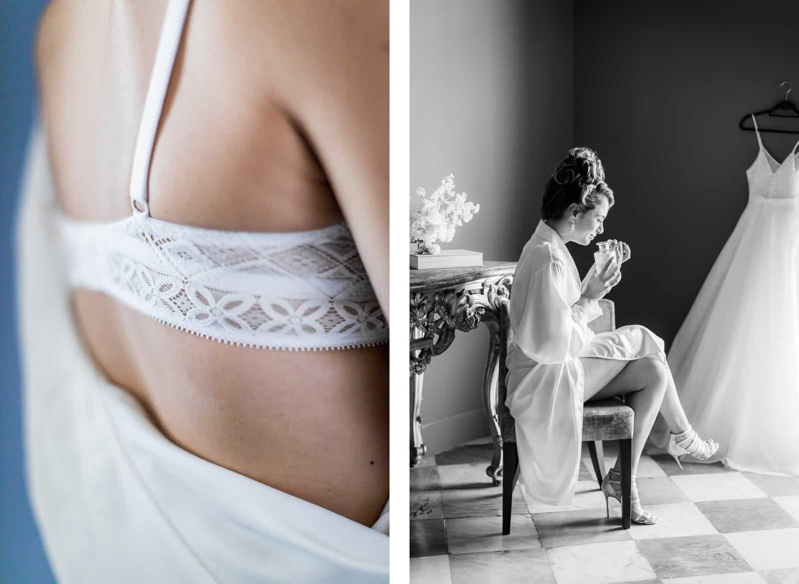 Photographie de Mathieu Dété présentant des portraits dentelle de la mariée pendant ses préparatifs à l'intérieur de la Villa Brignac à Ollioules