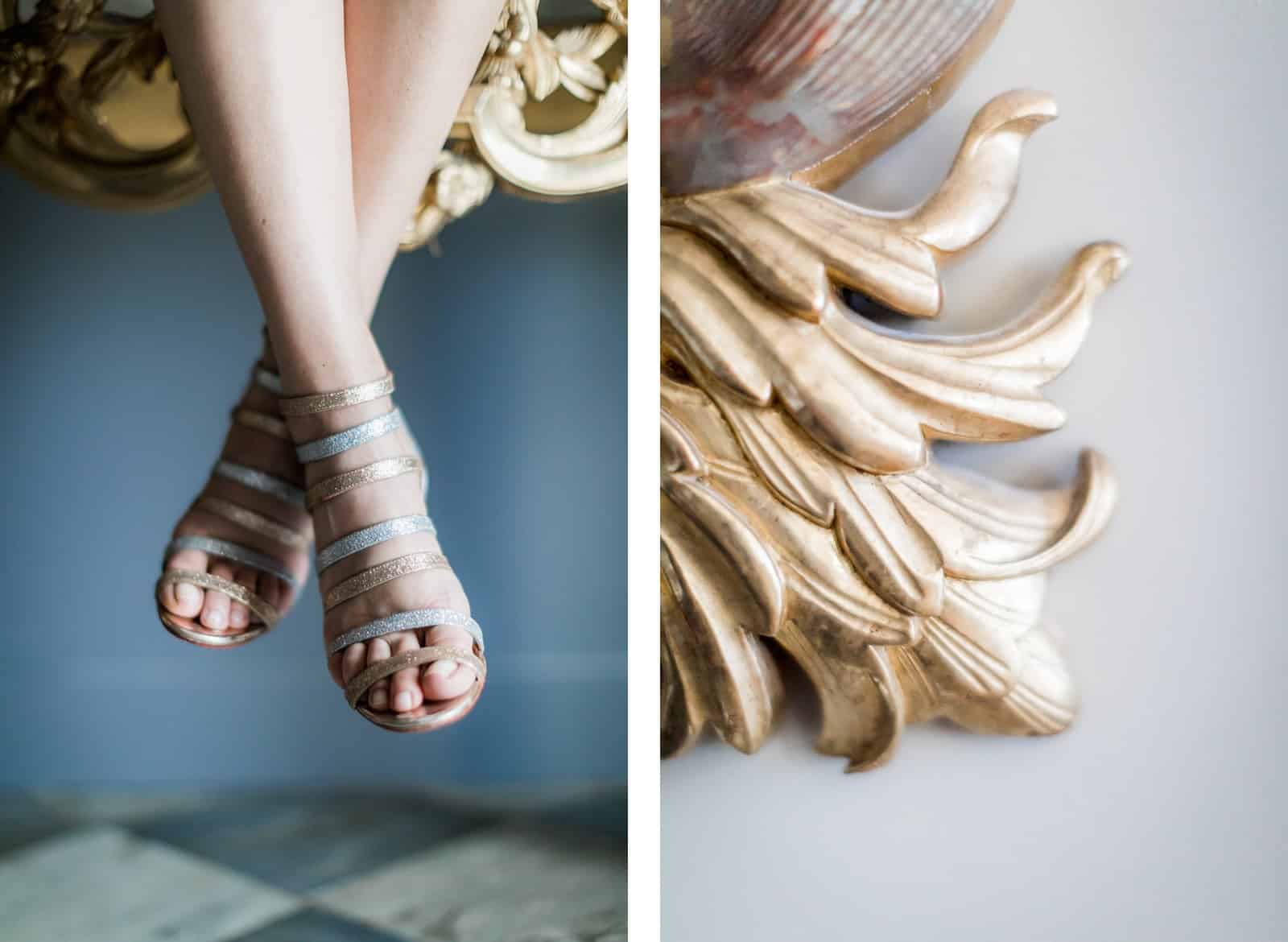 Photographie de Mathieu Dété présentant des détails des chaussures de la mariée pendant ses préparatifs à l'intérieur de la Villa Brignac à Ollioules