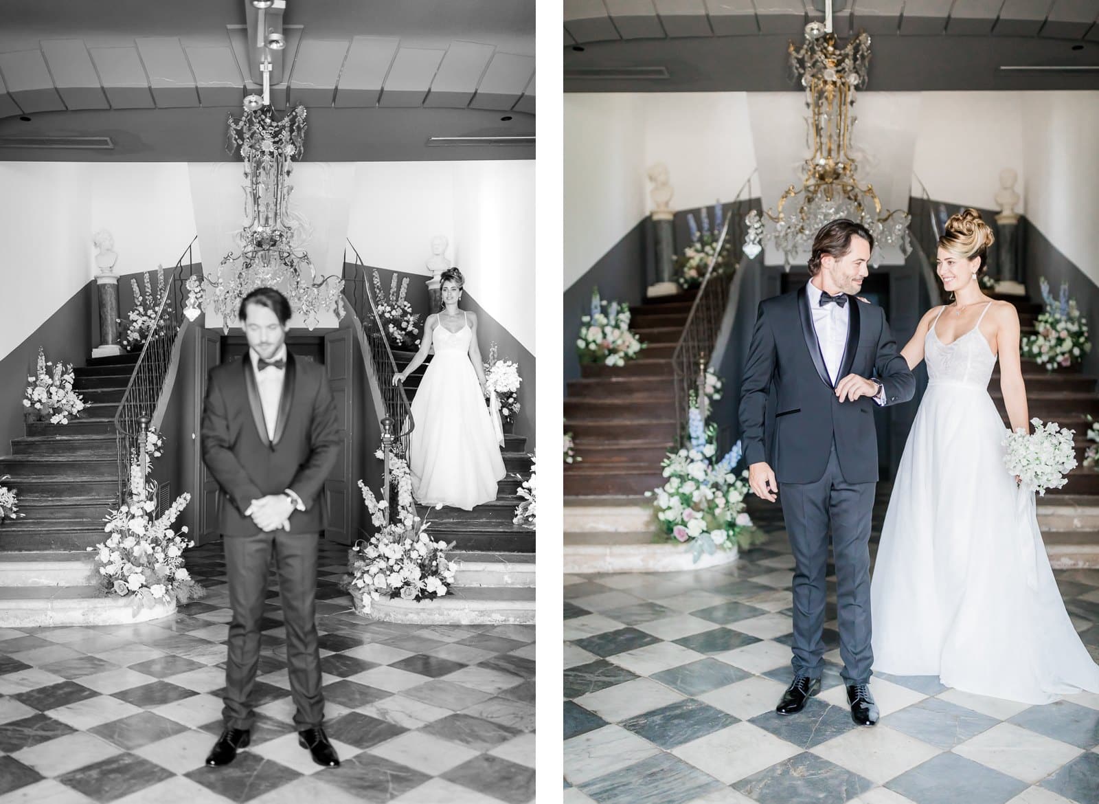 Photographie de Mathieu Dété présentant le first look (premier regard) entre les mariés, dans les escaliers de la Villa Brignac à Ollioules