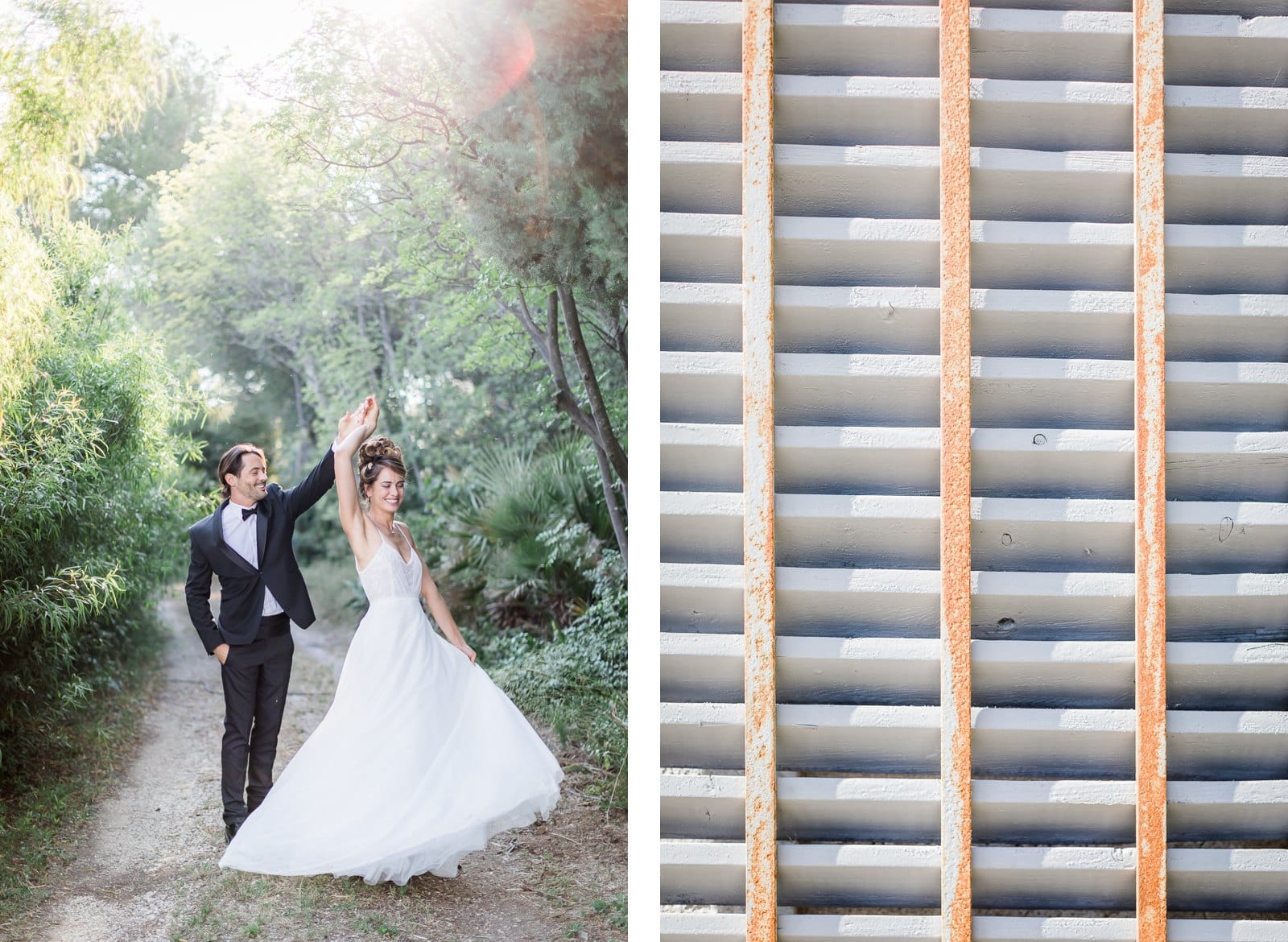 Photographie de Mathieu Dété présentant les mariés en train de danser dans les jardins de la Villa Brignac à Ollioules