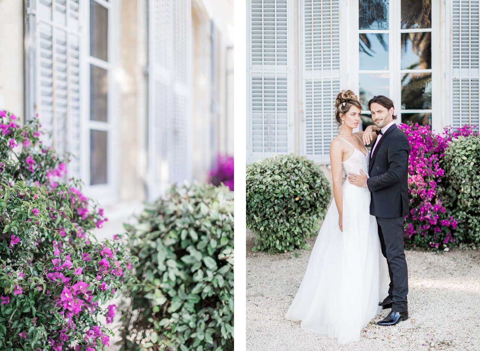 Photographie de Mathieu Dété présentant les mariés devant la façade de la Villa Brignac à Ollioules