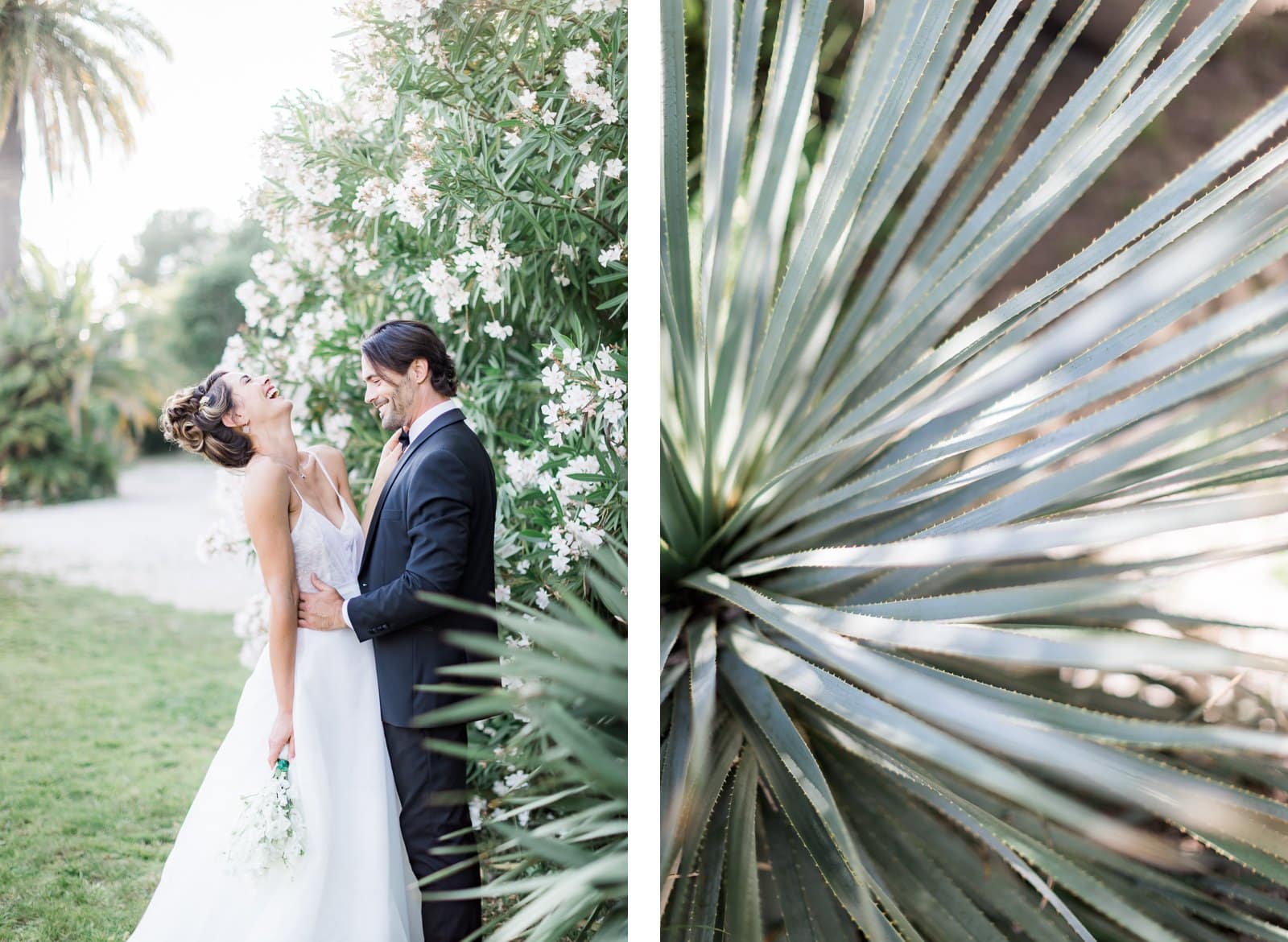 Photographie de Mathieu Dété présentant les mariés dans les jardins d'oliviers de la Villa Brignac à Ollioules