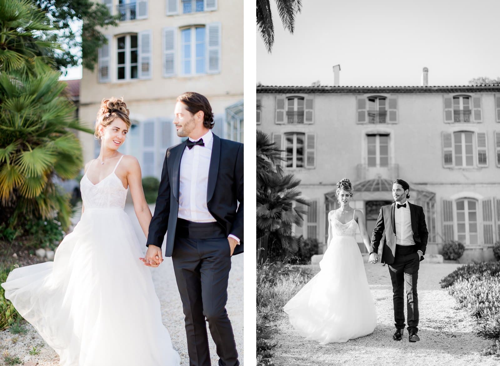 Photographie de Mathieu Dété présentant les mariés dans les jardins d'oliviers de la Villa Brignac à Ollioules