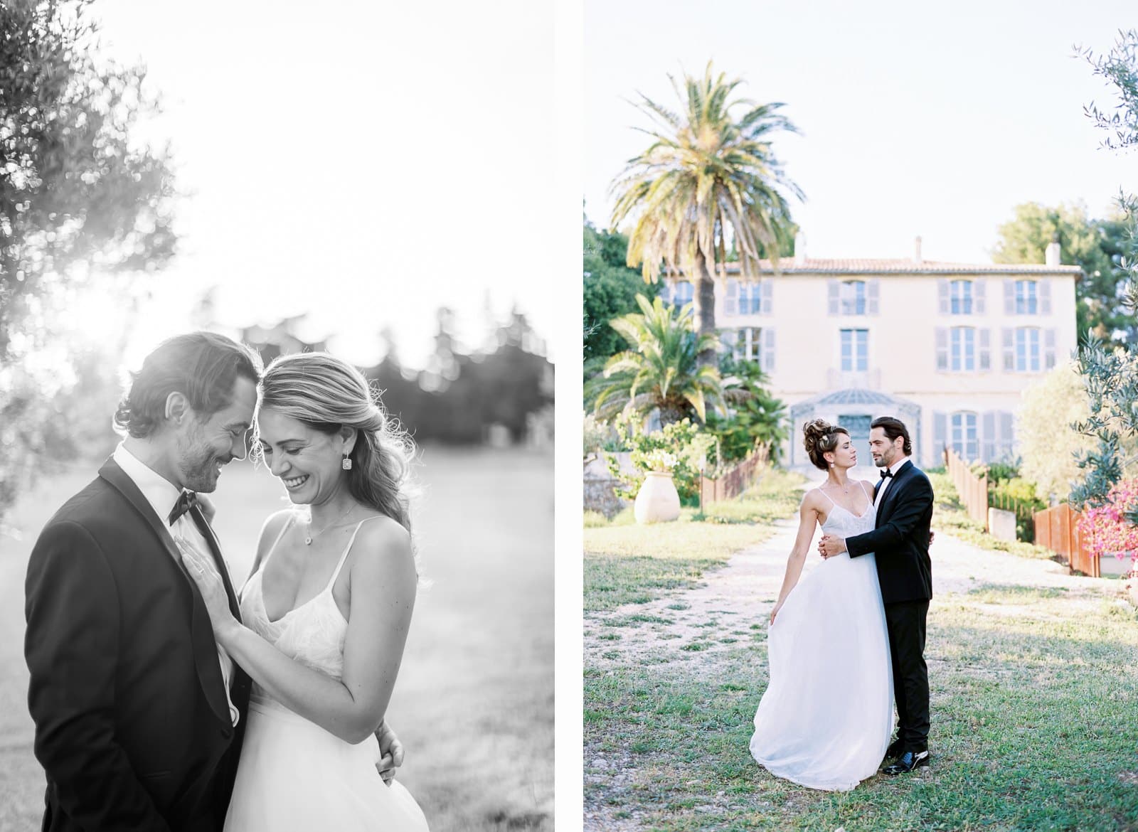 Photographie de Mathieu Dété présentant les mariés dans les jardins d'oliviers de la Villa Brignac à Ollioules