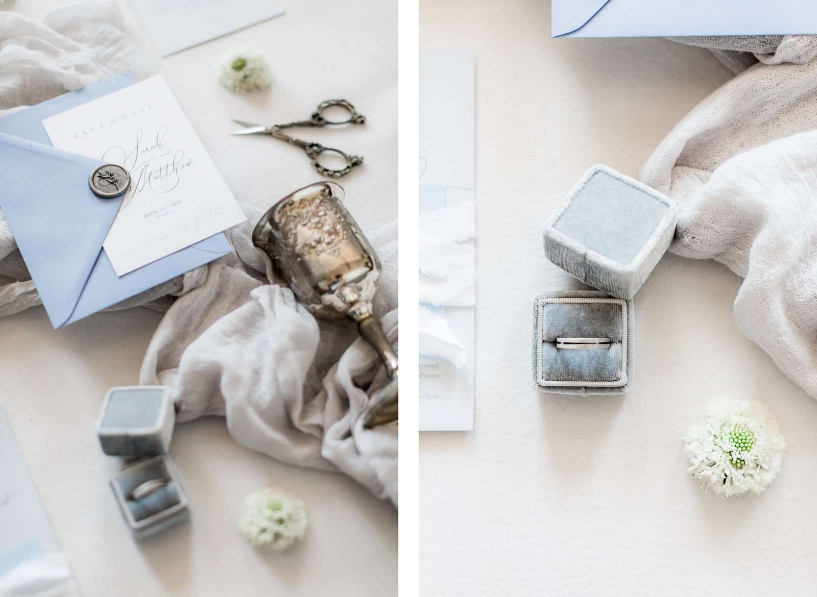 Photographie de Mathieu Dété présentant un flat lay de la papéterie et des objets du mariage