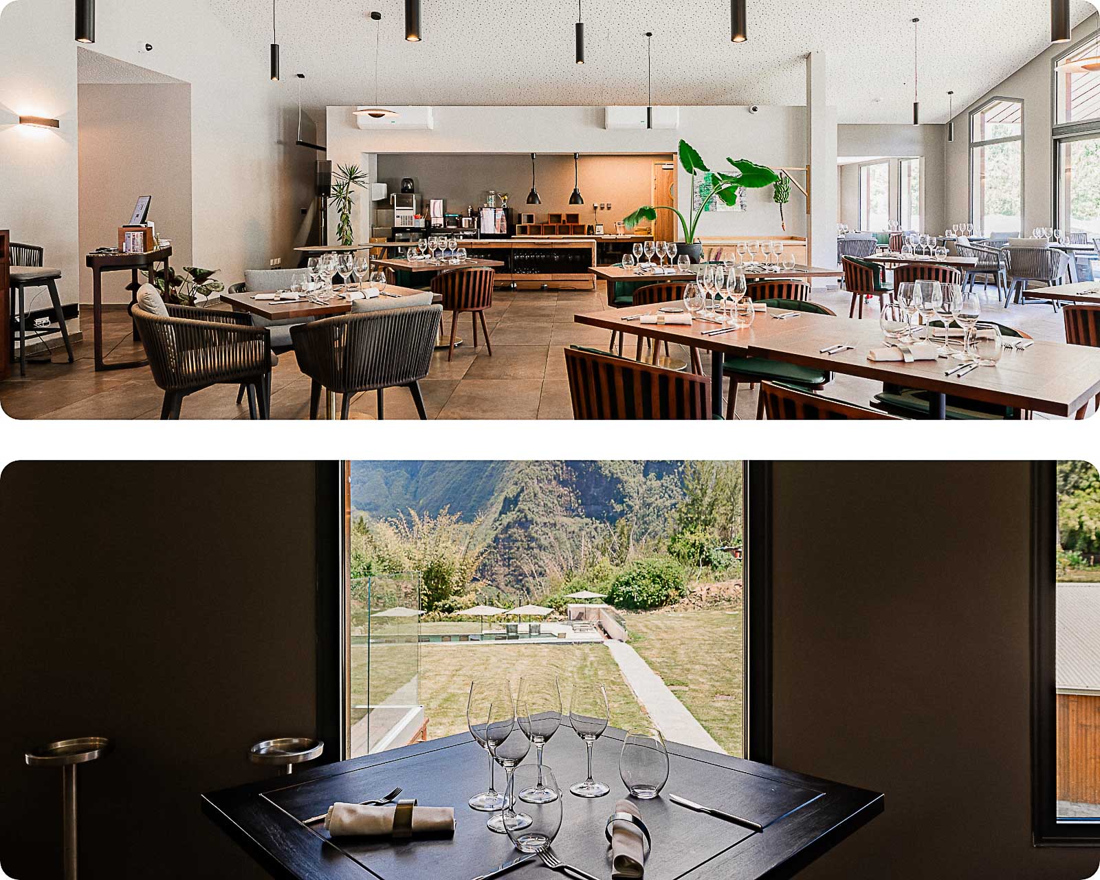 Photographies de Mathieu Dété, photographe d'architecture, immobilier et corporate sur l'île de la Réunion 974, présentant des photos immobilières d'architecture de l'hôtel Sarana à Salazie, le restaurant et le jardin