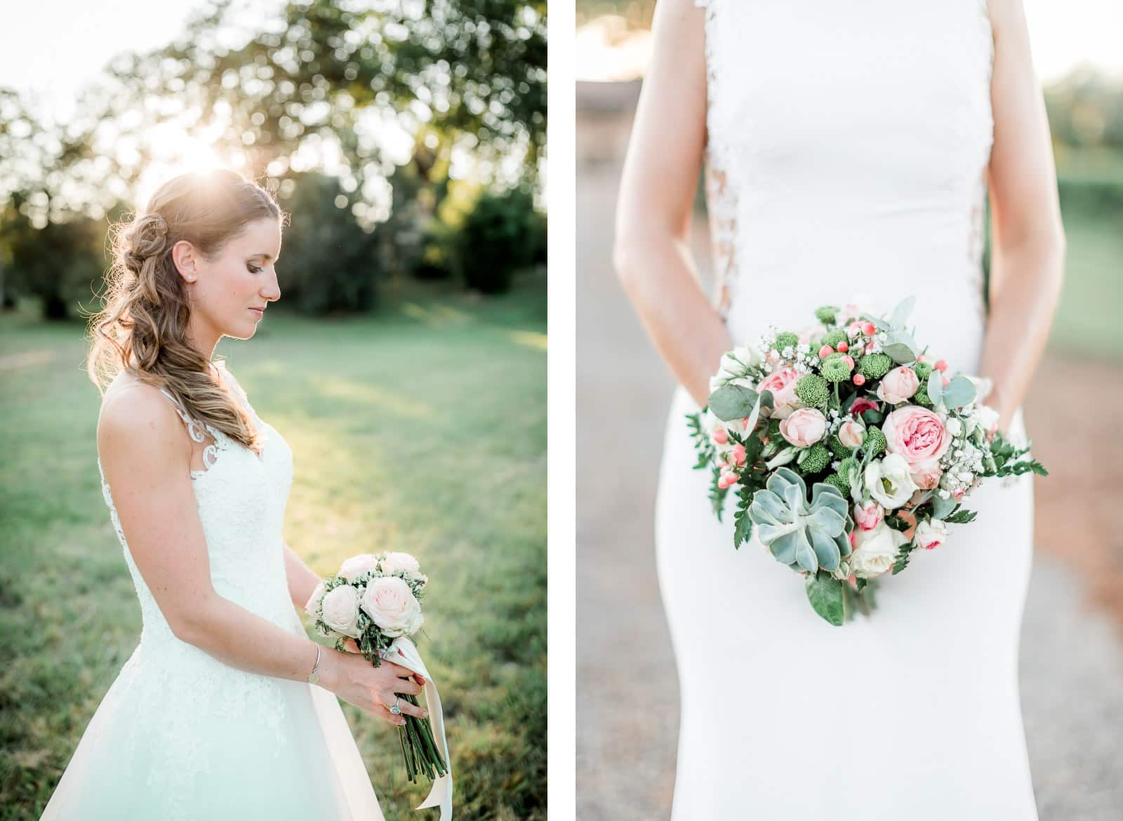 Photographe mariage Toulouse, bouquet des mariées au soleil couchant